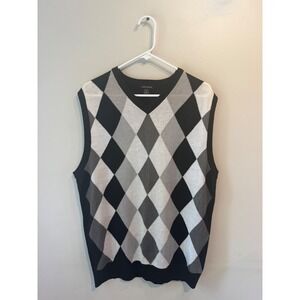 Arcadia Mens Argyle V-Neck Sweater Vest Black Grey White XL‎ Acrylic Knit 613